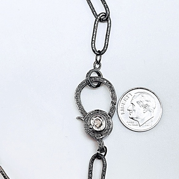 Diamond Sapphire Pendant on 36” Oxidized Sterling Paperclip Chain Diamond Clasp - Picture 7 of 10